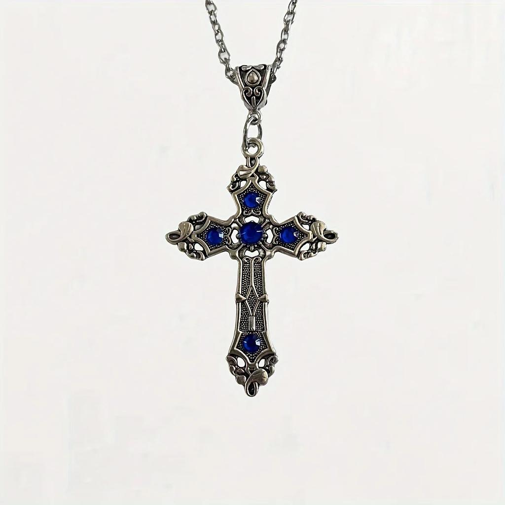 European and American retro simple fashion gothic black gem ruby cross pendant men's women's necklace