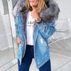 Women Winter Warm Fluffy Collar Hooded Denim Jacket Thick Plush Warm Long Sleeve Jean Coat Button Down Oversized Loose Jacket