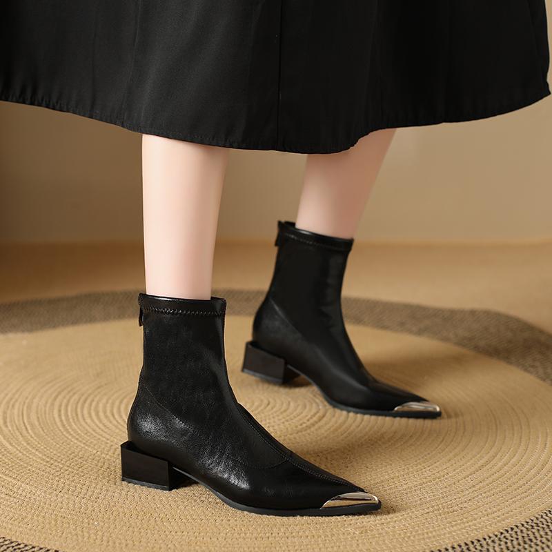 Vintage Thick Heels Women Short Plush Ankle Boots Autumn Winter Metal Pointed Toe Stripper Party Short Booties  De Mujer