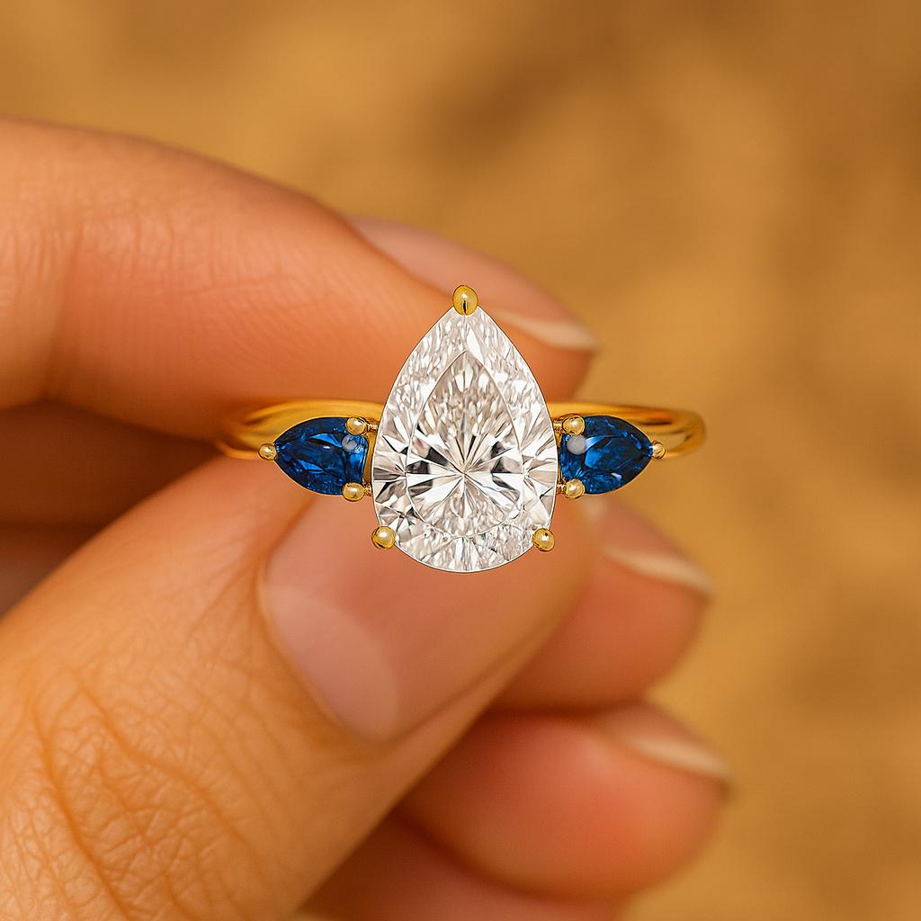 Pear Moissanite Engagement Ring in Yellow Gold Plated – Three Stone Prong Setting Bridal Ring, Pear Cut Anniversary Ring, Promise Gift for Her
