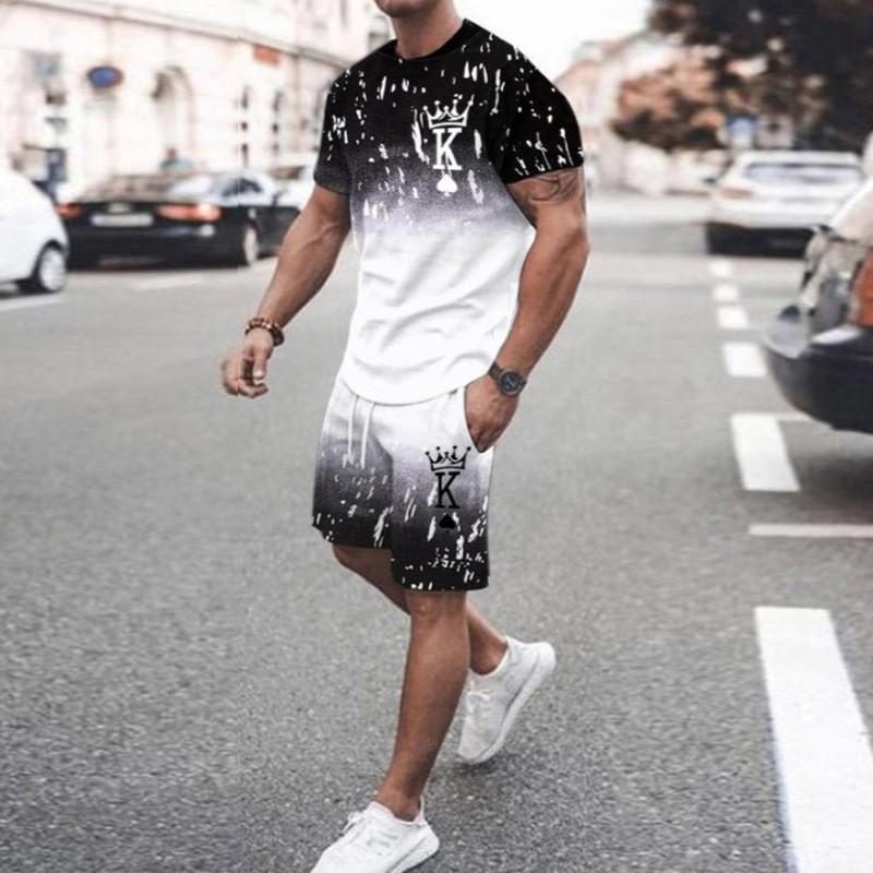 Summer Casual Men's Adult Set 3D Printed Pattern Men's Short-Sleeved T-shirt Set Gradient Cool Casual Sports Shorts two-Piece