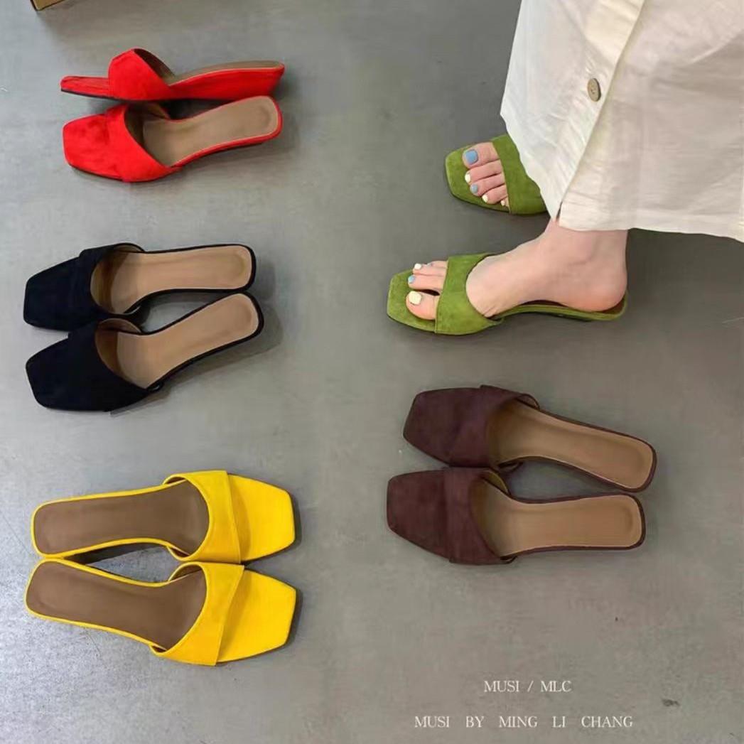 

Summer 2025 new one-word suede open-toed short slope heel lazy half-drag vacation beach women s sandals 39 зелёный