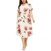 Women's Plus Size Printed Midi Dress - Round Neck, Short Sleeve, Waist-Cinched, European American Style