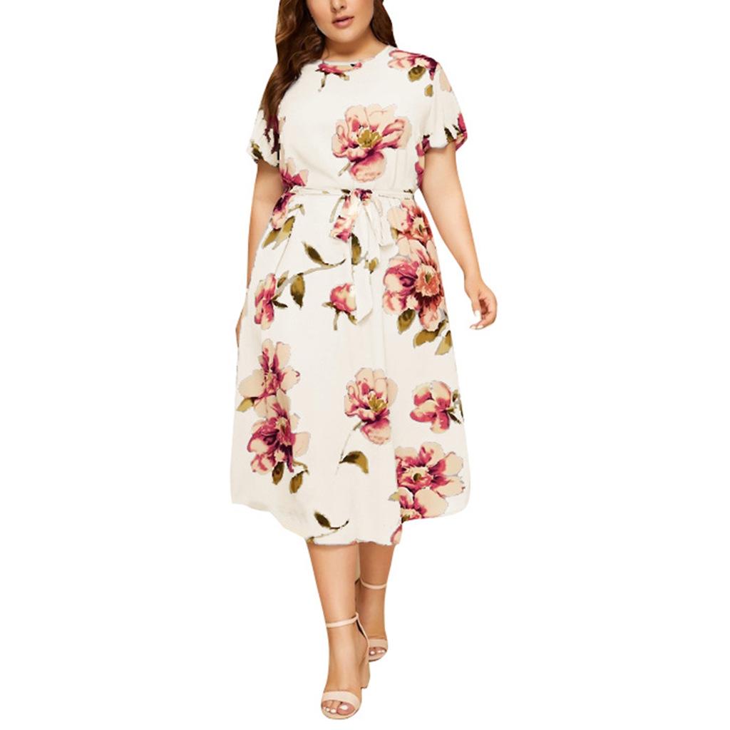 Women's Plus Size Printed Midi Dress - Round Neck, Short Sleeve, Waist-Cinched, European American Style