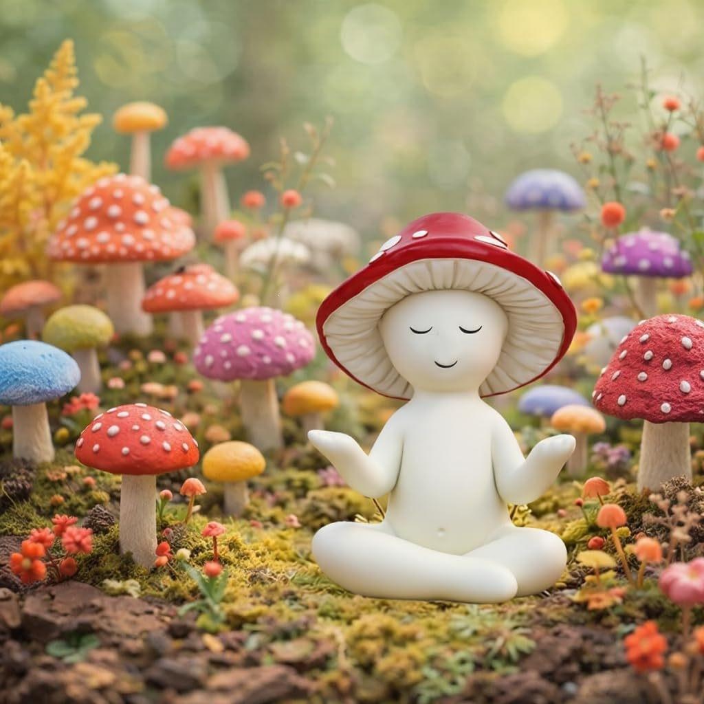 Cute Meditation Sitting Yoga Mushroom Tabletop Decoration for Home and Living Room, Resin Craftwork.