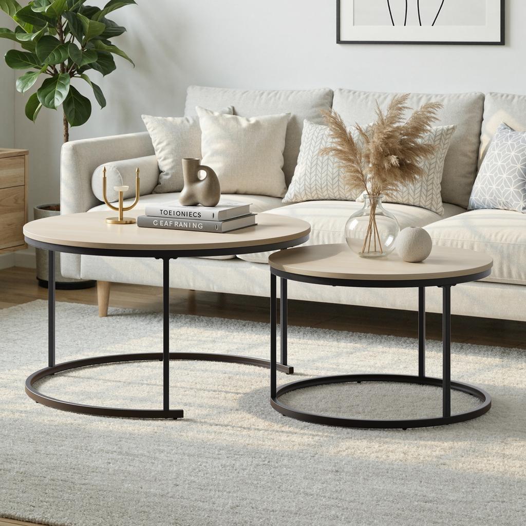 Two-Piece Nesting Coffee Table Set, Oak Veneer, Round with a Diameter of 80 cm, Metal Frame, Modern Style, Suitable for Living Room, Bedroom, Balcony.