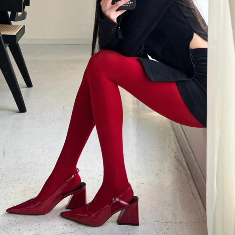 Red Tights Women Winter See Through  Slim Lingerie Women's Pantyhose New Lingerie Lace Leggings Bodys Sexy Socks Ladies