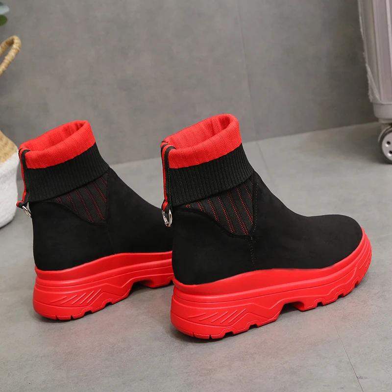 

Модная женская обувь 2024 года, женские сапоги до середины икры, вязаные эластичные сапоги, женские туфли с круглым носком и средним каблуком на платформе для женщин 39 красный