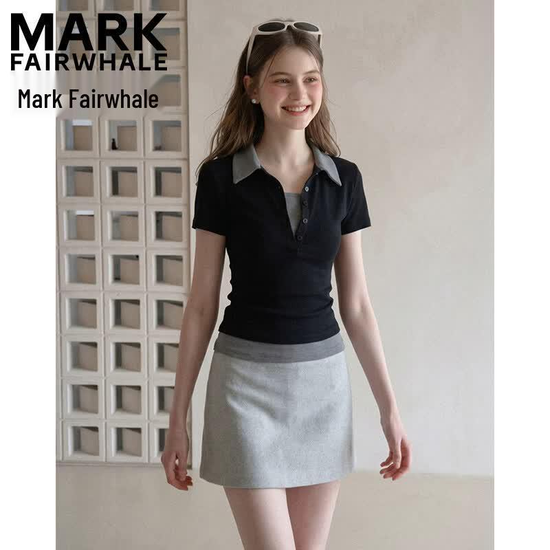 MARK FAIRWHALE Women's Slim Fit Faux Two-piece Short Sleeve Polo T-shirt