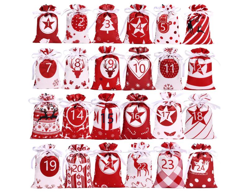 1 Set Christmas Advent Calendar Bag Exquisite Christmas Style Festive Countdown Hanging Drawstring Christmas Gift Bag Set for Christmas-Red