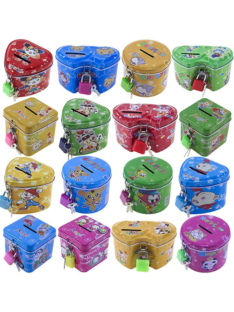 Niedliches Cartoon-Sparschwein aus quadratischer Dose aus Metall, das Bargeld spart, Spardose, Kinderspielzeug, Kindergeburtstagsgeschenke, 4 Farben mit Schloss/Schlüssel