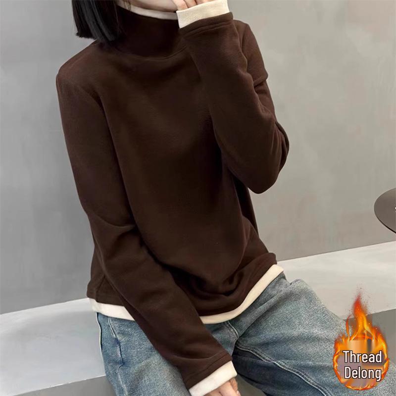 

Women s Autumn/Winter Ribbed High-Neck Faux Two-Piece Top XL [62.5-70 kg] кавовий
