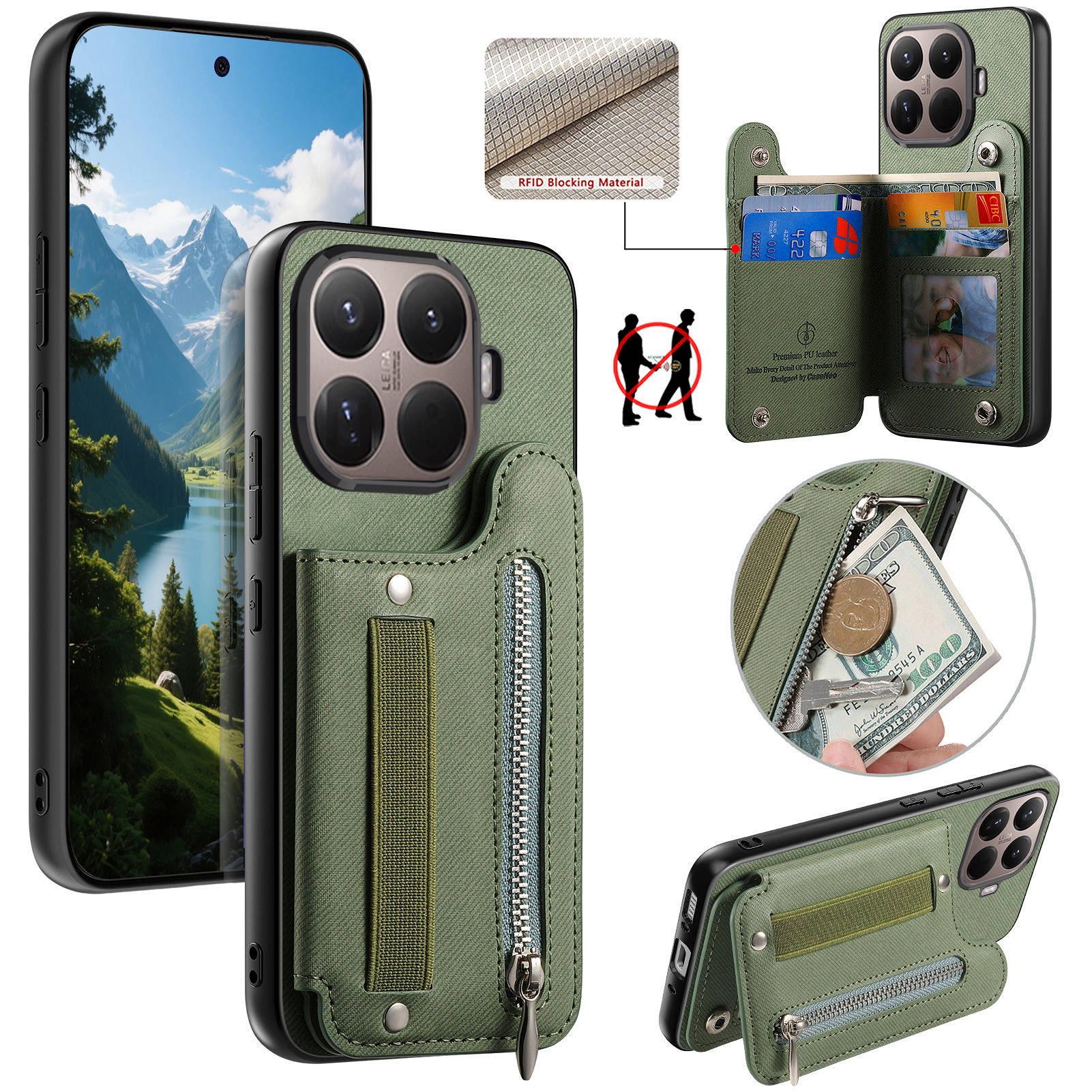 

Чохол для Xiaomi 15T Pro з блокуванням RFID, тримач для карток, текстура джинсової тканини, шкіряна задня кришка з еластичним ремінцем на зап ястя