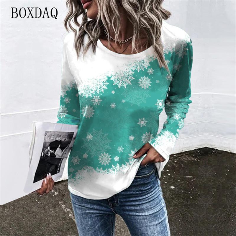 Snowflakes Pattern Women T-Shirts Autumn Winter Long Sleeve Christmas Style Streetwear Ladies Tees 6XL Plus Size Casual Tops