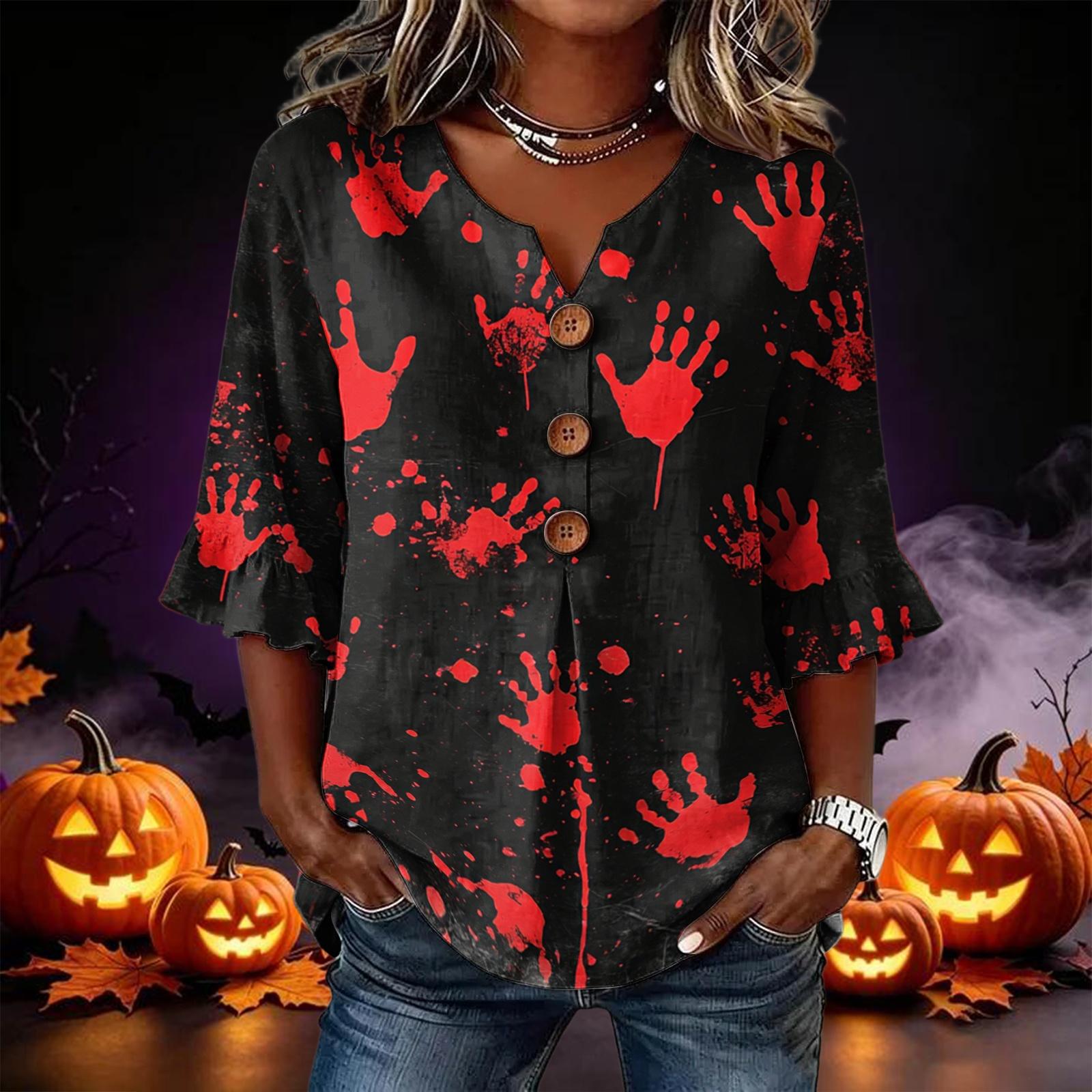 Women s Halloween Printed Lace Sleeve Blouse Casual Loose Fit Top L