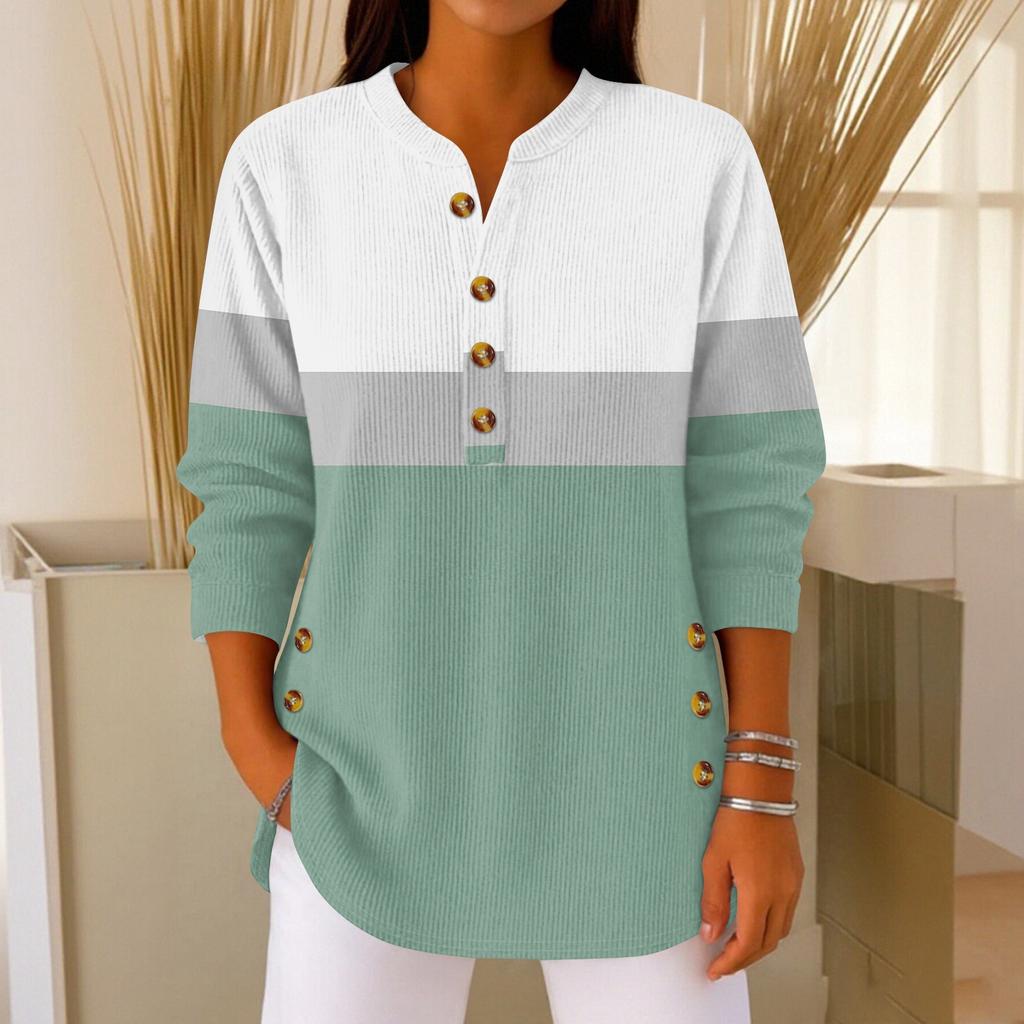 Women's Fashionable Button Collar Long-sleeved Christmas Print Pullover Top