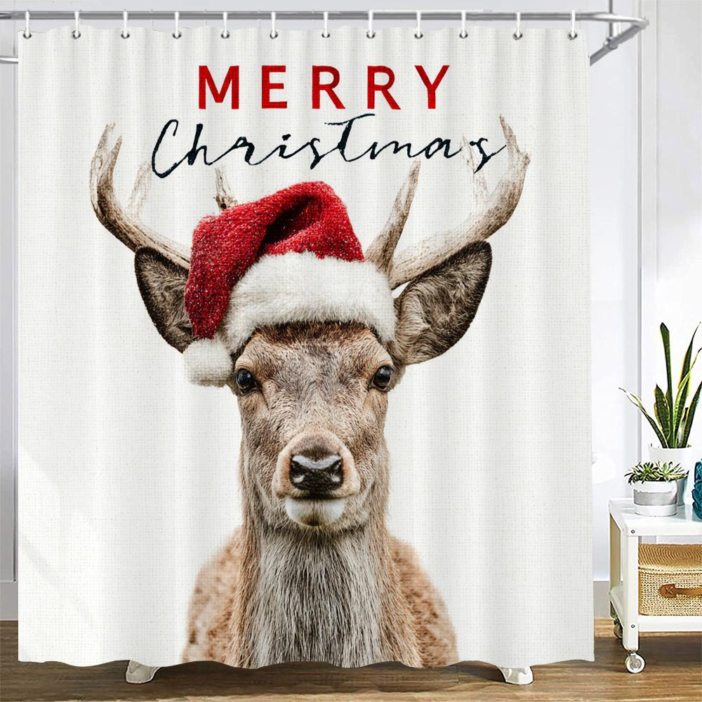 Merry Christmas Shower Curtain Christmas cat and dog Santa Claus Shower Curtains Xmas Printed fabric Decor Bathroom Curtain