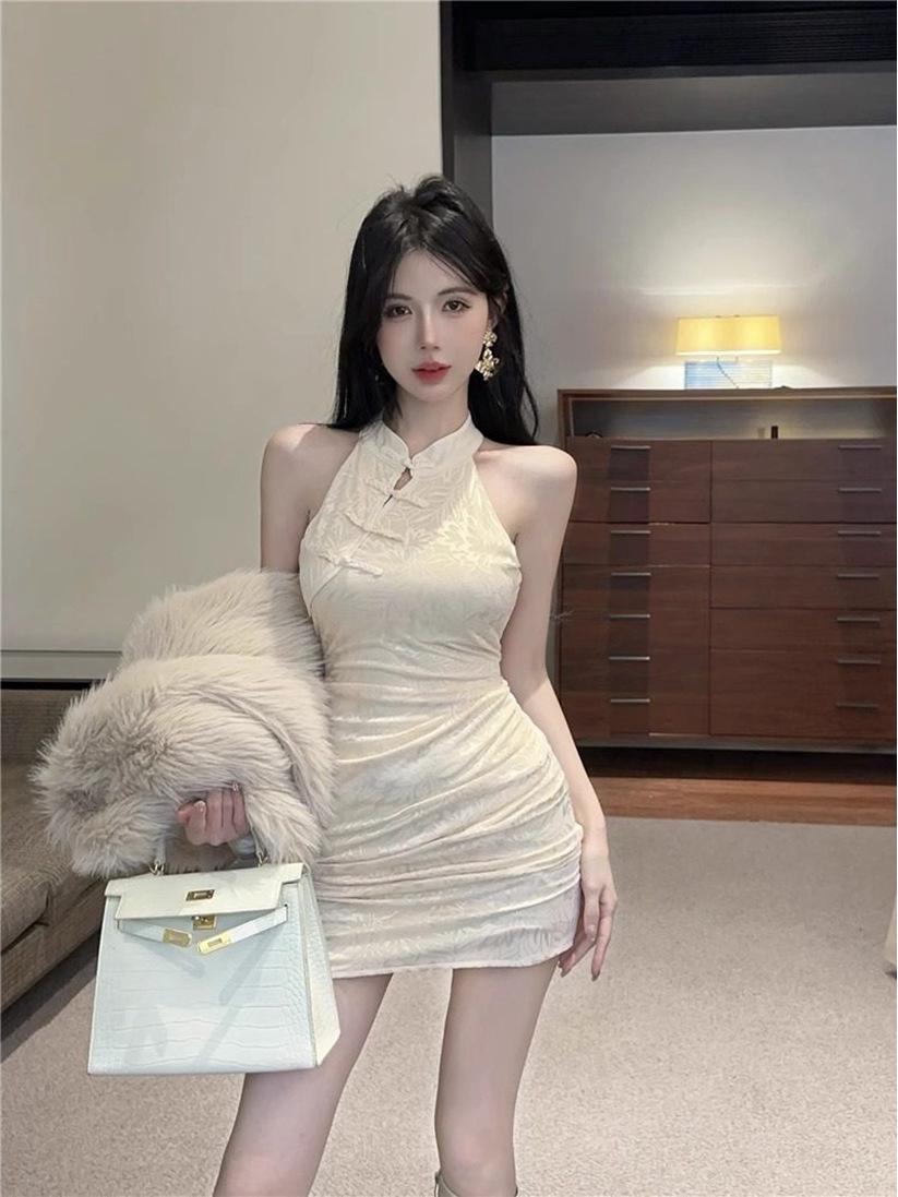 Petite High-Waisted Halter Cheongsam Bodycon Dress for Women S