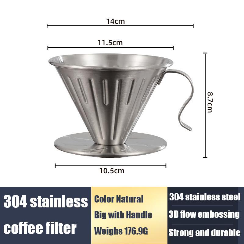 Thickened 304 Stainless Steel Pour-Over Coffee Filter Cup Coffee Maker With Handle Three-Dimensional Diversion Smart Cup