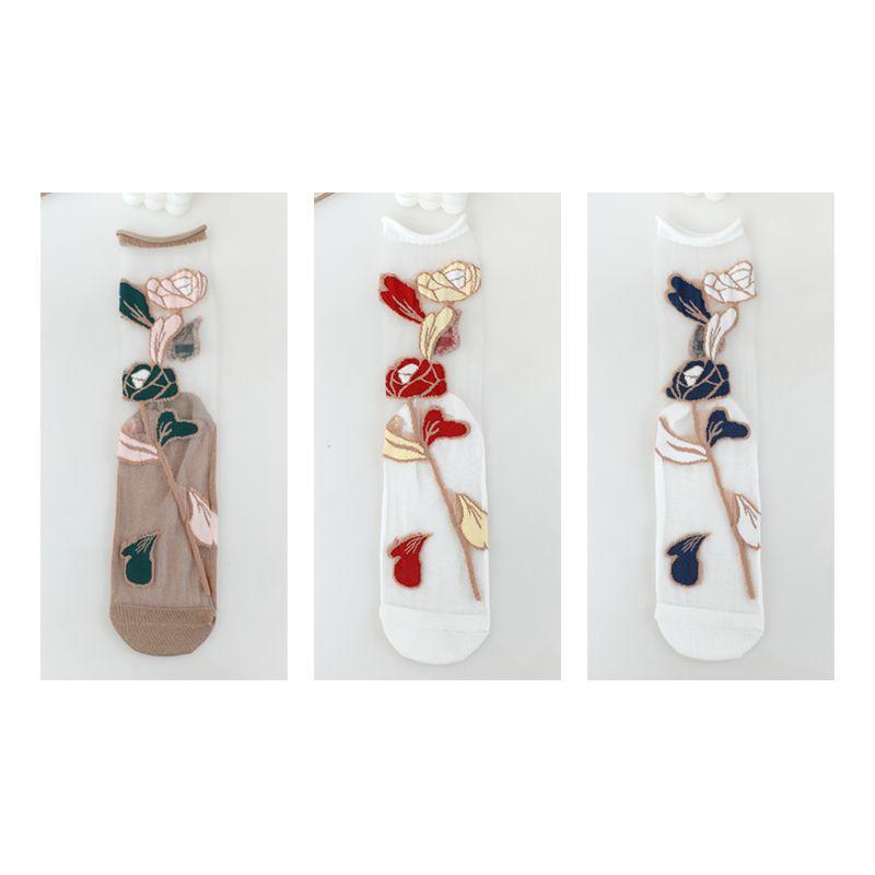 1/3/5/10 Pairs See Through Transparent Nylon Long Socks Women Summer Ultra-thin Breathable Crystal Silk Socks Embroidery Floral Cute Lace Socks