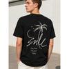 Men's Black Short Sleeve T-Shirt with Palm Tree & Smile Graphic Back Print, Relaxed Fit Crew Neck Cotton Tee for Casual Daily Wear