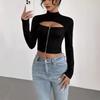 Womens Winter Stretch High Neck Long Sleeve Cutout Top Slim Fit Base Layer Tee Black Milk Silk