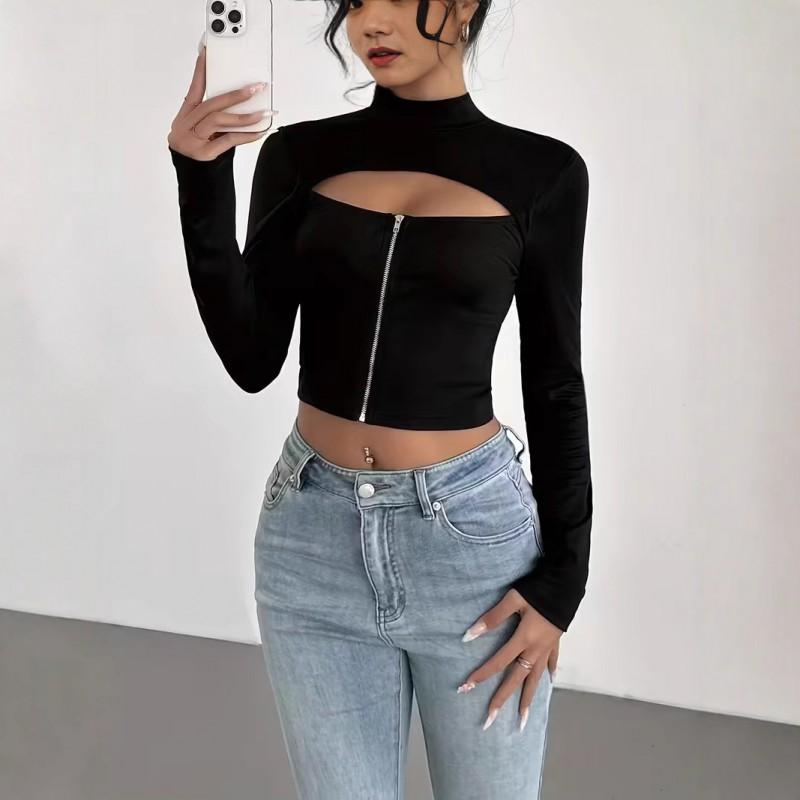 Womens Winter Stretch High Neck Long Sleeve Cutout Top Slim Fit Base Layer Tee Black Milk Silk
