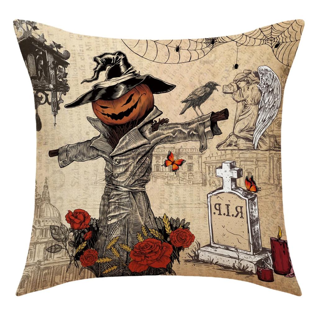 Halloween Pumpkin Scarecrow Pillowcase Black Cat Crow Skull Linen Sofa Cushion Cover Ghost Festival Home Decorative Pillow Case