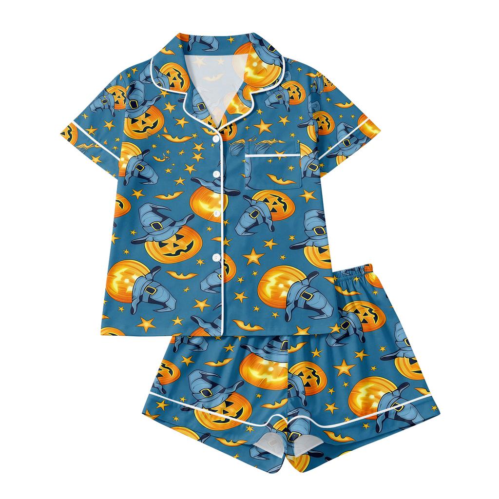 Women's Halloween Pajama Set with Short Sleeve Button Down Shirt and Shorts