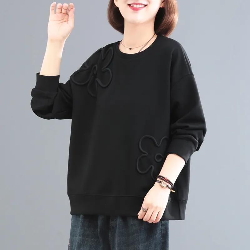 Women's Spring and Autumn Large Size Cotton Sweatshirt Solid Color Round Neck Loose Pullover Top