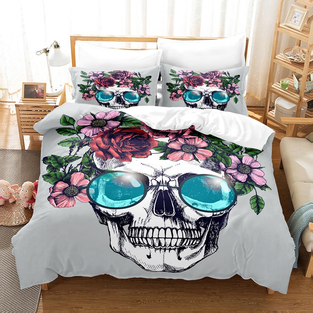 Schädel High Definition Digitaldruck Heimtextil Bettlaken-Set Bettlaken Bettbezug Horror-Thema Bettwäsche Studentenwohnheim Dreiteiliges Set