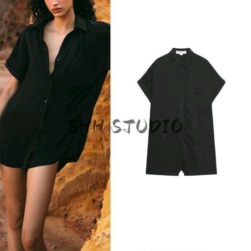 Summer New Product Women's Clothes French Style Design Flap Neckline Pocket Decoration Short Sleeve Drape Jumpsuit 6929284