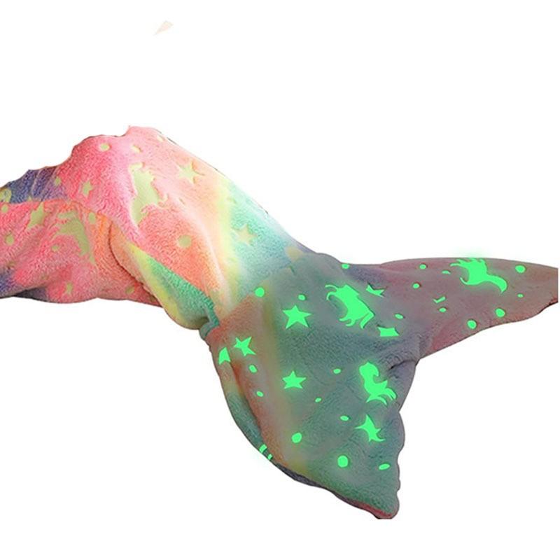 2026 New Night Glow Cartoon Rainbow Unicorn Mermaid Tail Blanket Flannel Wearable Super Soft Glow Gifts for Girls All Seasons