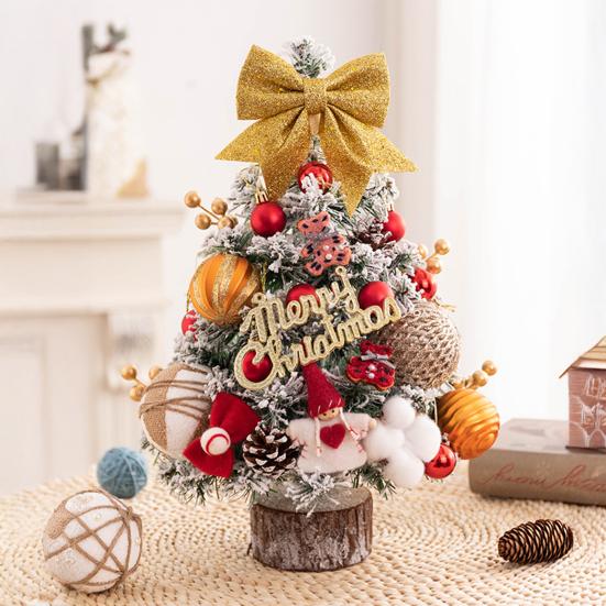 Mini Christmas Tree with LED Light Pre-lit Small Artificial Snow Flocked Tree with Ball Ornaments for Xmas Tabletop Indoor Holiday Decor