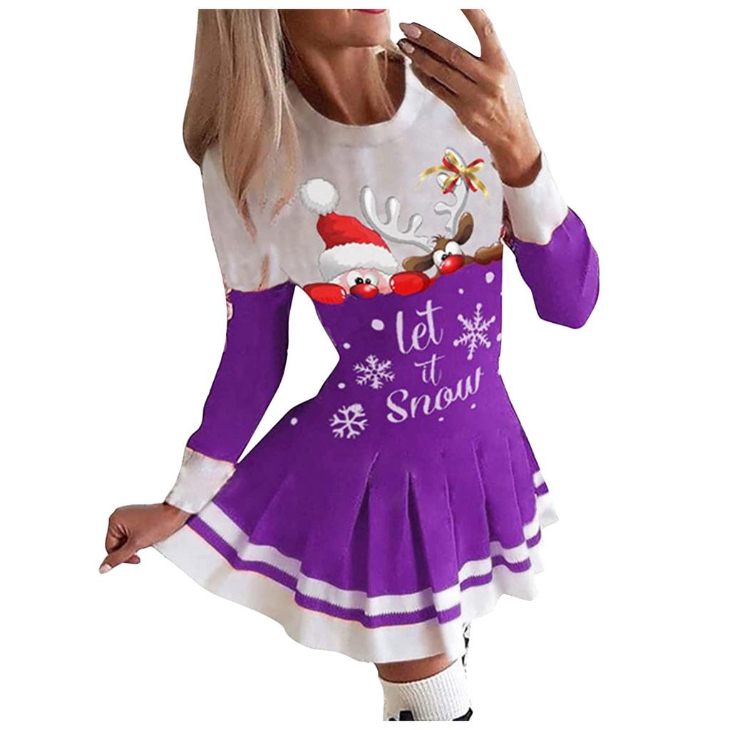 Women's Patchwork Printed Pleated Round Neck Long Sleeve Christmas Dress