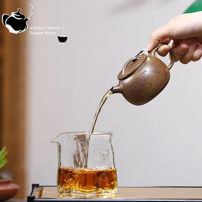 Yixing handmade purple clay teapot, raw ore section, mud wood fired, lucky pot, Chinese Kung Fu tea set