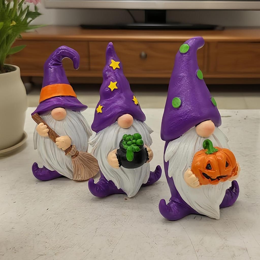 3PCS Halloween Dwarf Resin Gnomes Crafts Halloween Dwarf Statues Ornaments Party Decorations For Workplace Holiday Table Window