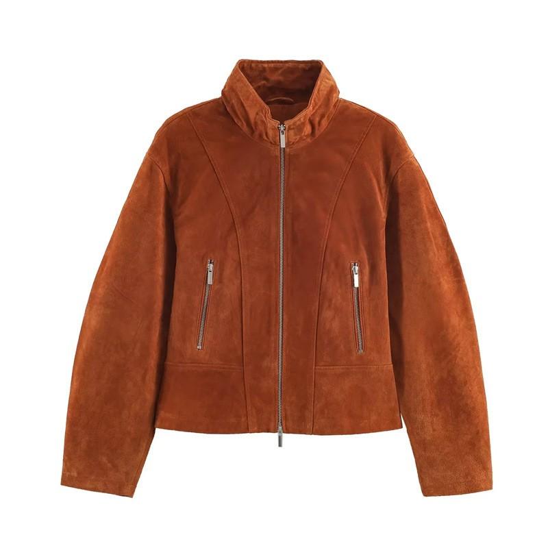 2026 Fall Womens Leather Look Stand Collar Jacket Loose Fit Casual Streetwear Outerwear