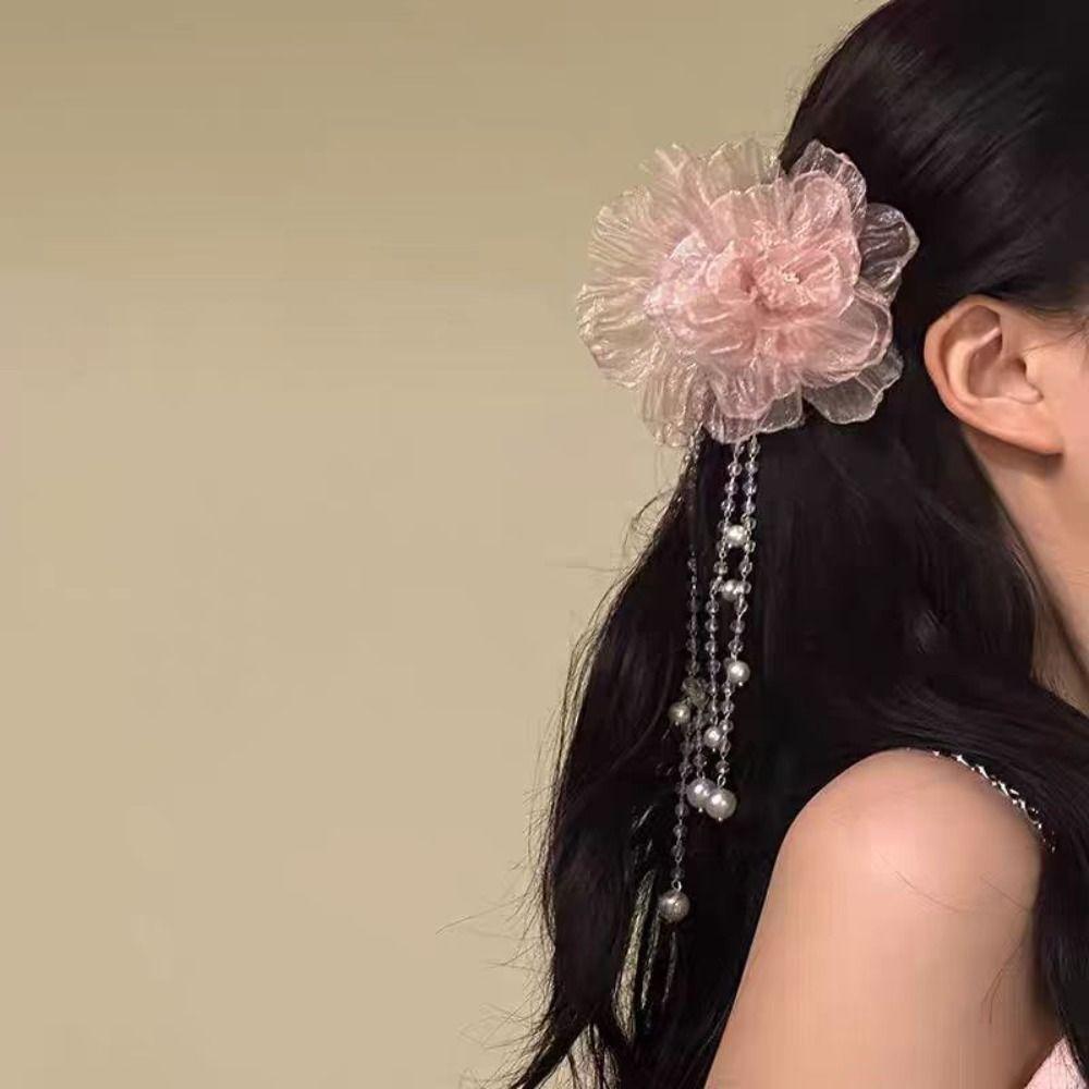 

Pearls Peony Flower Hair Clip Pink Gauze Barrettes Elegant Headwear Women