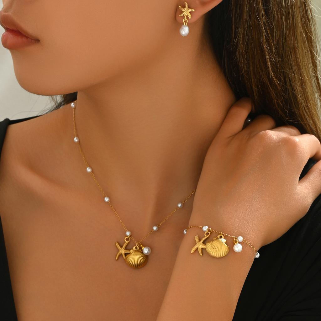Ocean Style Women's Earrings Necklace Set Versatile Shell Pearl Bracelet Unique Beach Jewelry for Women