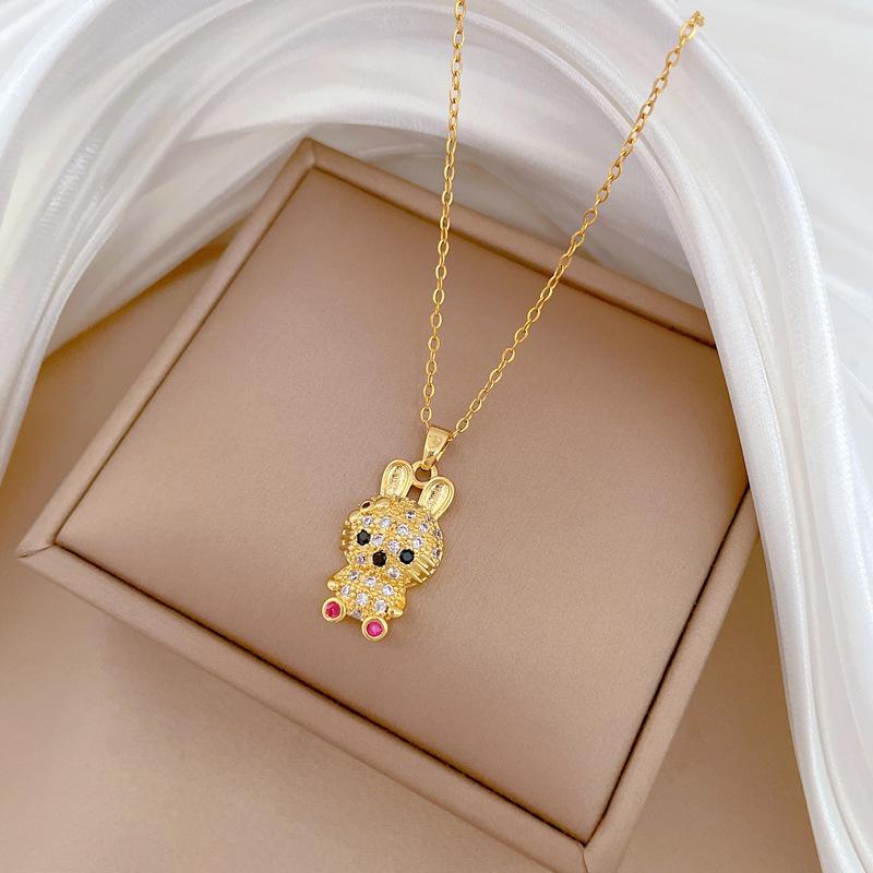 Red-Eye Long-Eared Rabbit Light Luxury Temperament Gorgeous Full Diamond Necklace Women'S Versatile Collarbone Chain Titanium Steel Chain