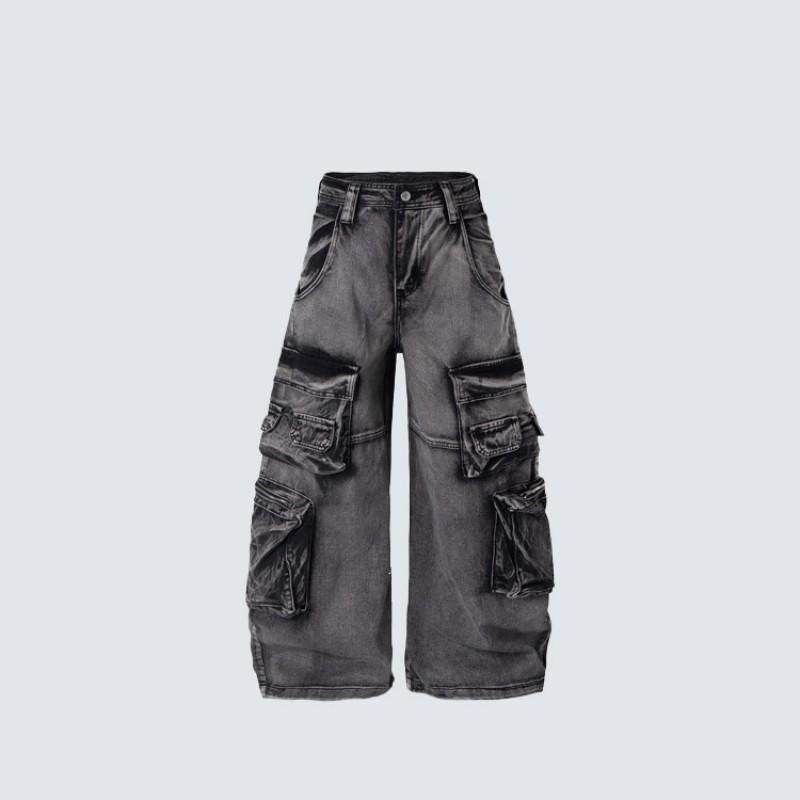 Mens Relaxed Fit Wide Leg Jeans Punk Style Washed Denim Pants Multi Pockets Casual Trousers