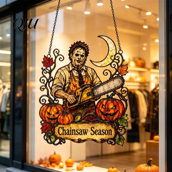 Translucent Pumpkin Crow Dead Tree Signs Halloween 2D Horror Window Hanging Decor, Acrylic Glowing Suncatcher with Outdoor Waterproof