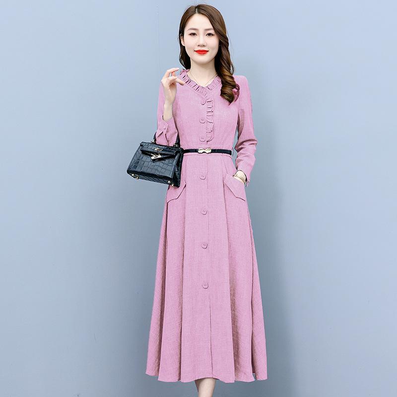 

Elegant 3827 Women s Spring & Autumn Slim-Fit Long-Sleeve Cotton-Linen Dress 3XL