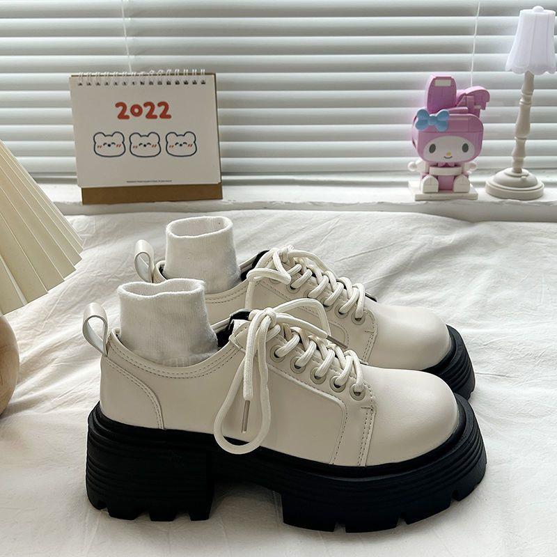 White platform small leather shoes women's muffin bottom trendy retro thick high heel small man British style versatile ins super thick
