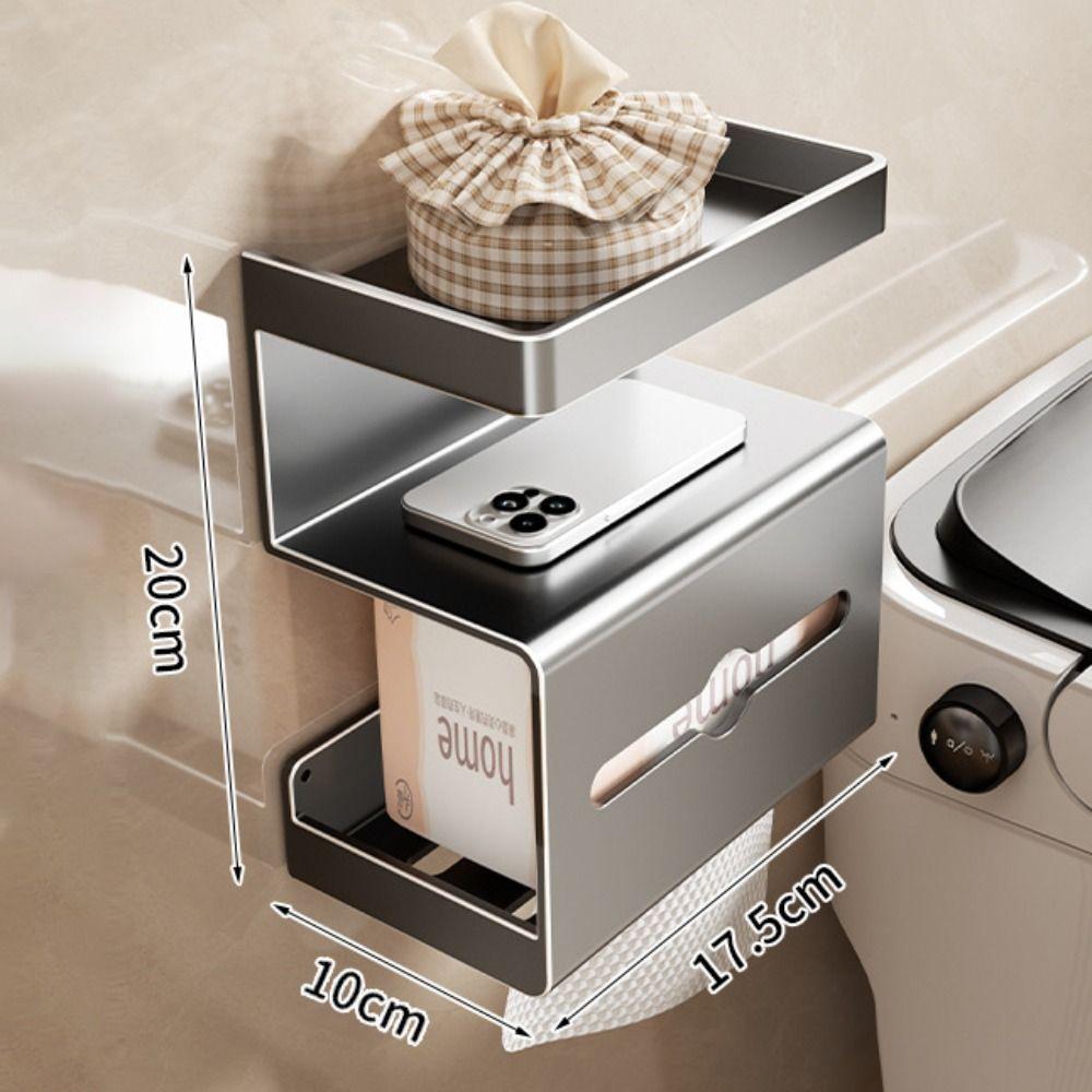 Drill-Free Bathroom Tissue Box Wall-Mounted Phone Shelf Toilet Paper Holder Space Saving Rustproof Toilet Storage Rack