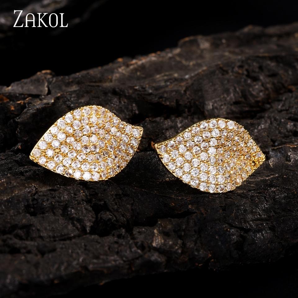 ZAKOL Simple Leaf Shape Micro-set CZ Zircon Stud Earrings Exquisite Fashion Charm Jewelry Gift For Women Girls