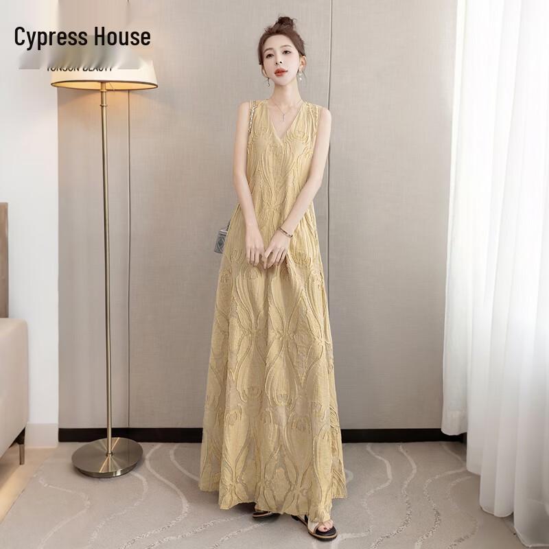 

Elegant V-Neck Jacquard Sleeveless Long Dress XXL