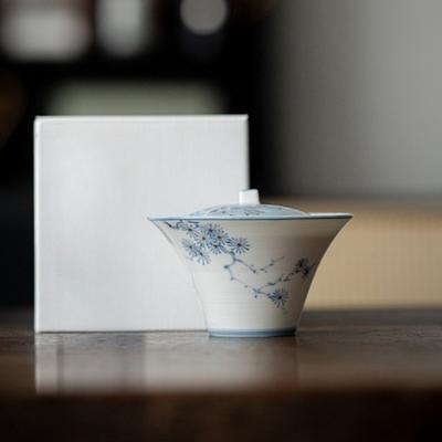 Artists Hand Painted Underglaze Porcelain Gaiwan Thin Bone China Teacup with Golden Pine for Tea Ceremony Gift