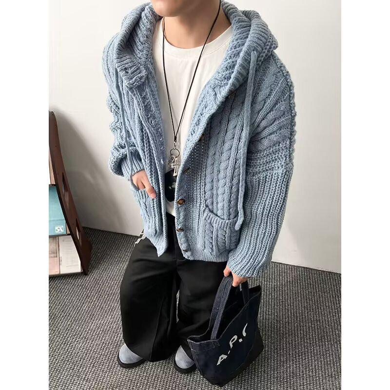Men's Retro Chunky Knit Cardigan: Versatile Japanese Jacquard Sweater with Big Pockets.